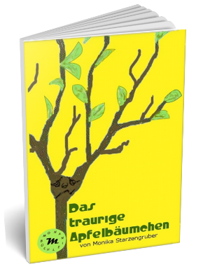 Buchcover mit gelbem Hintergrund und einer skizzierten Apfelbaumgrafik. Titel: "Das traurige Apfelbäumchen".