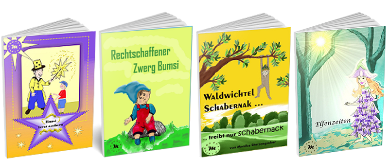 Verschiedene bunte Kinderbücher (Broschüren DINA6) mit Illustrationen und Titeln auf Deutsch.