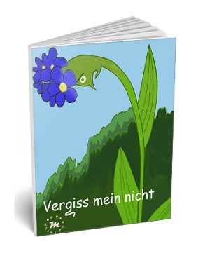 Ein Buchcover mit dem Titel „Vergiss mein nicht“ und einer blauen Blume.