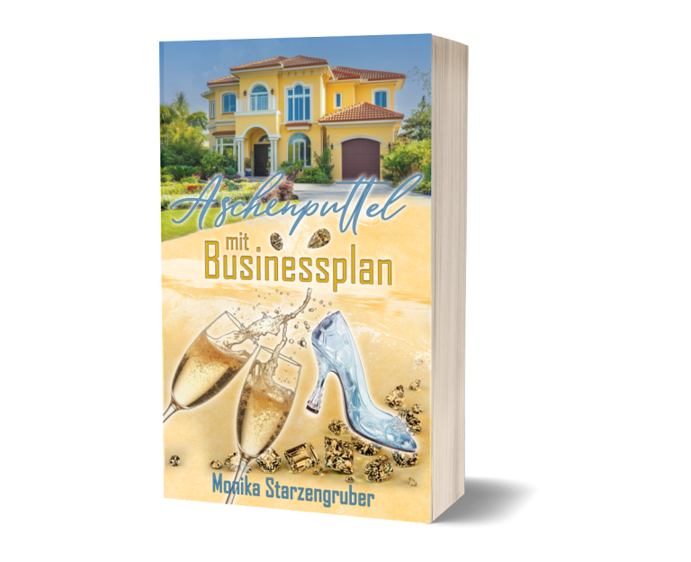 Aschenputtel mit Businessplan Buchcover mit Titel, Sektgläser, Glasschuh und einem luxuriösen Haus im Hintergrund.