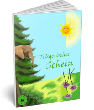 Ein Buchcover mit einem Elefanten, Bäumen, Sonne und Blumen auf einer Wiese. Verkehrt dargestellt.